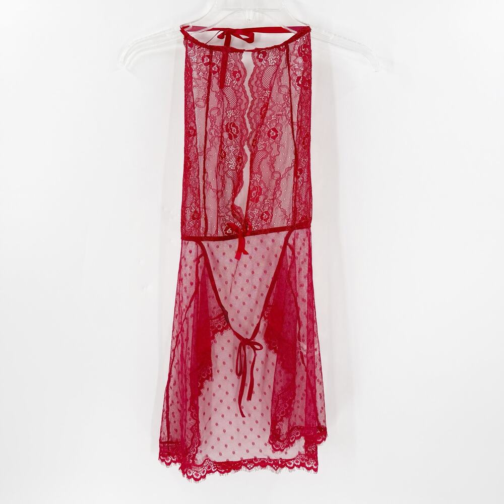 Red Sheer Lace Babydoll Lingerie Dress Tie Front Coquette L XL